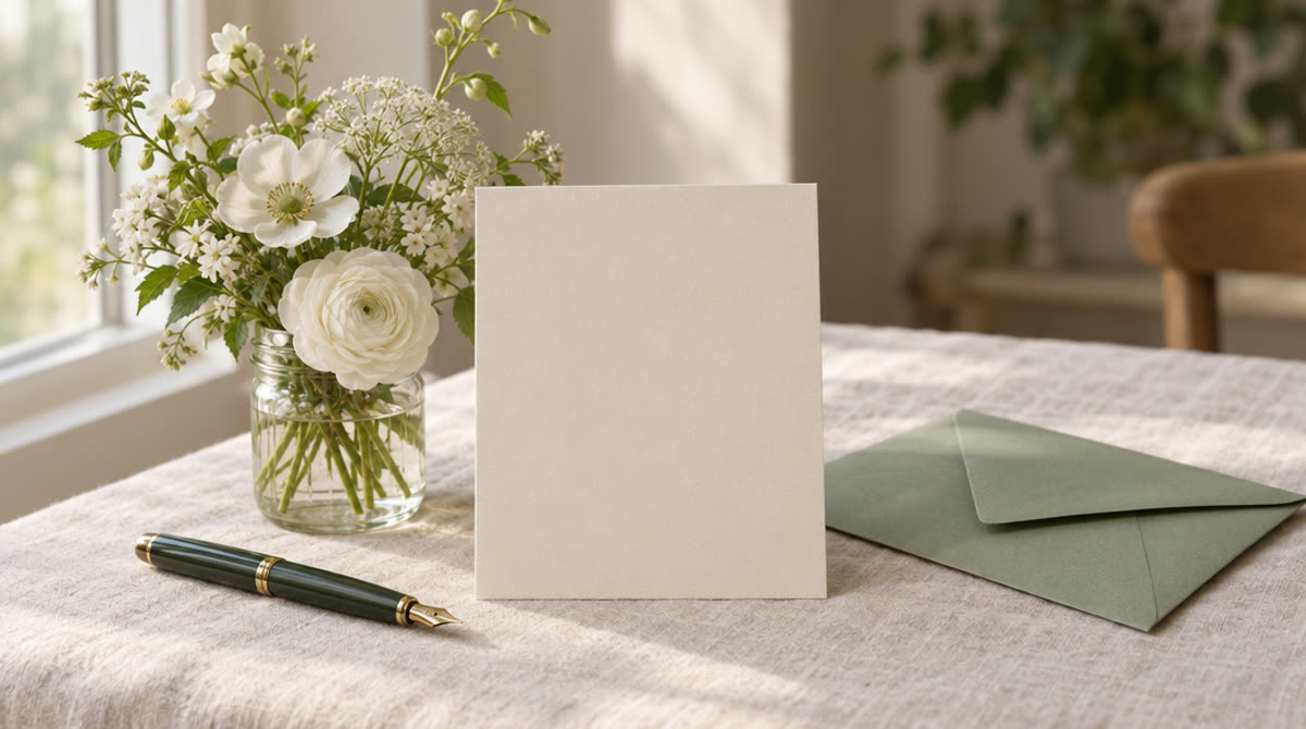 Blank cream invitation card standing beside white flowers, a pen, and a sage green envelope