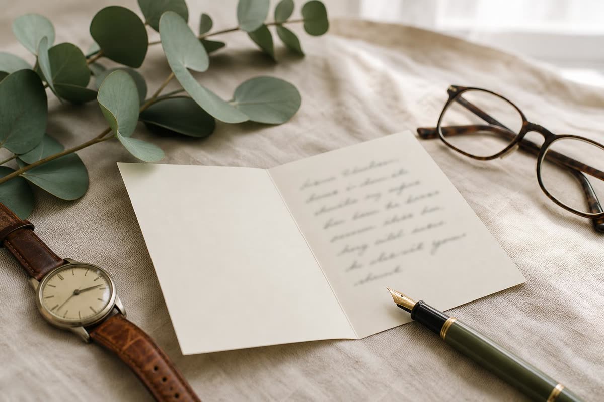 Condolence card for the loss of a father beside reading glasses and a watch