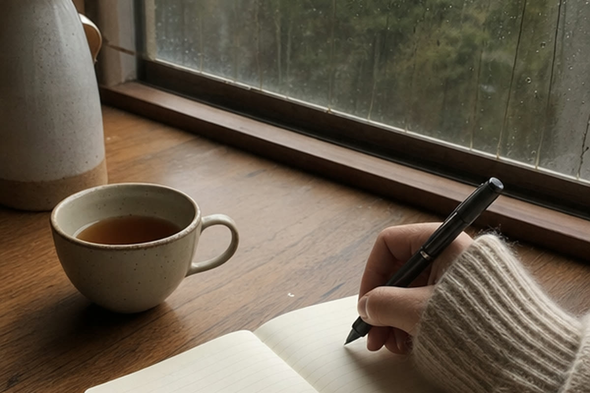 Open grief journal on a table by a bright window