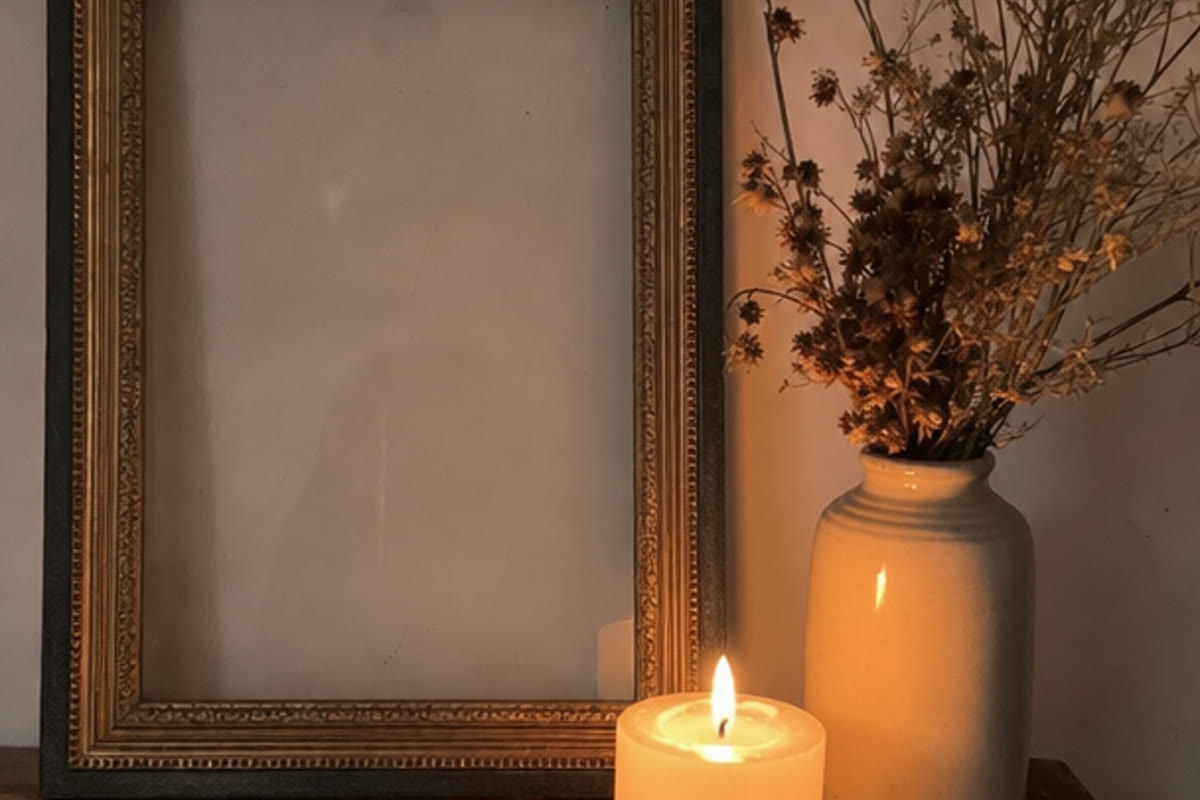 Memorial candle beside a photo frame at a funeral service