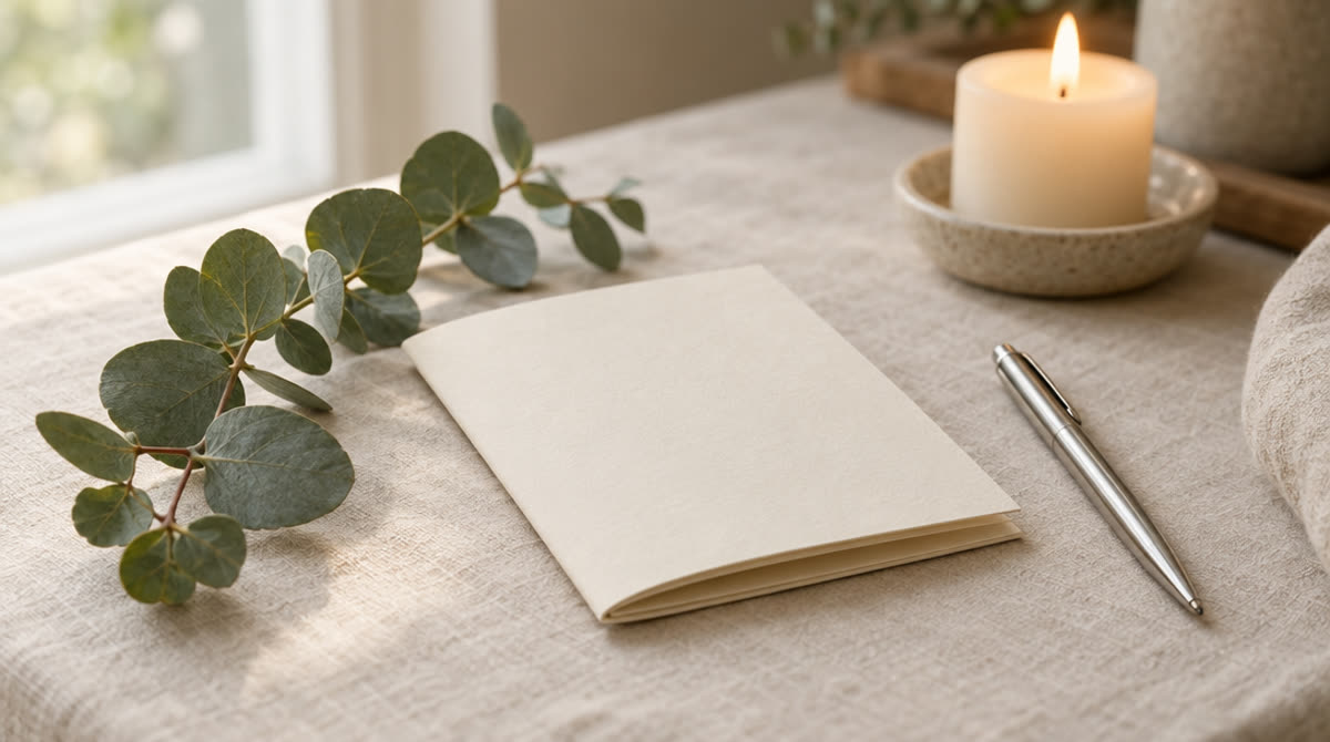 Blank cream folded program booklet on linen beside a pen, eucalyptus sprig, and a lit candle