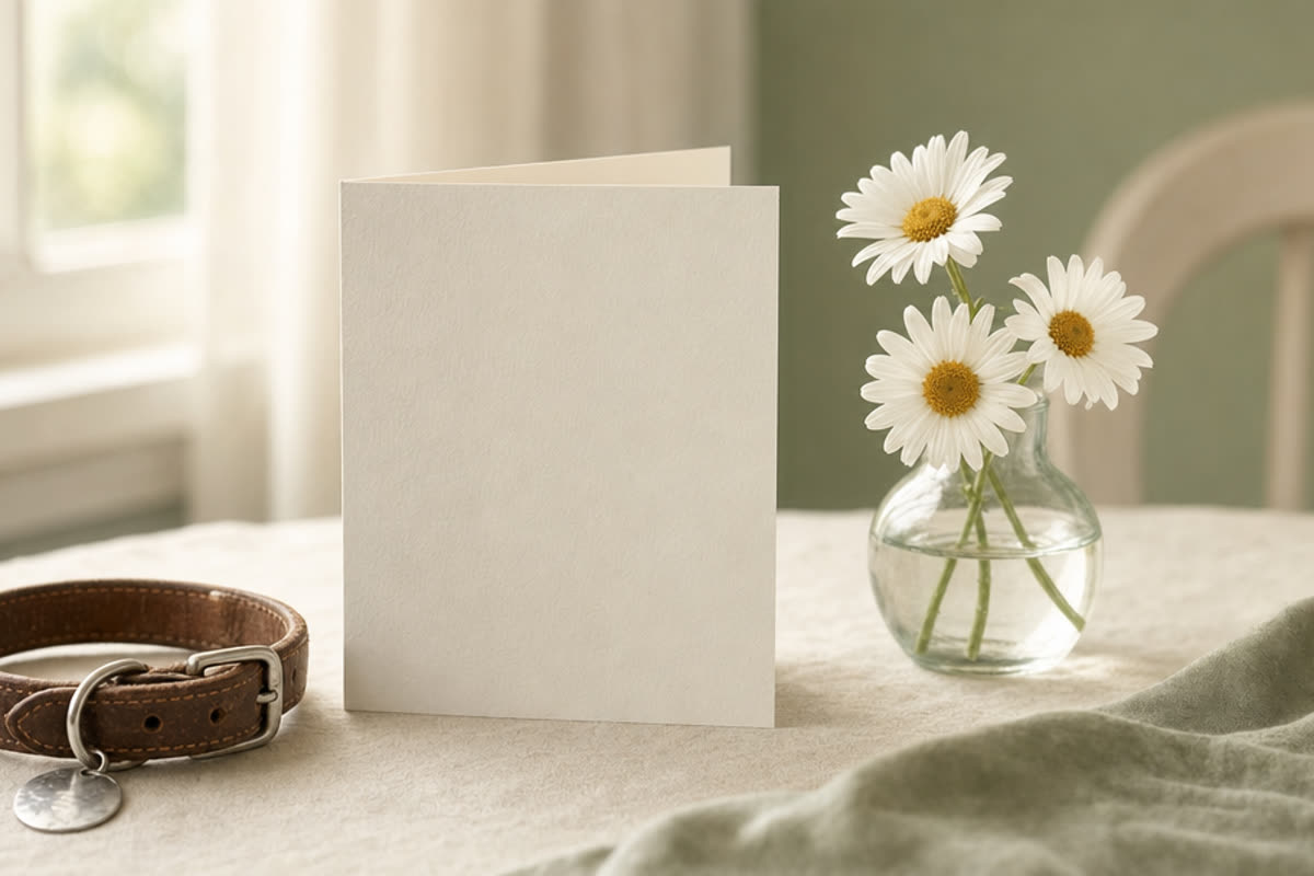 Handwritten sympathy card beside a worn leather pet collar and a small vase of daisies in soft morning light