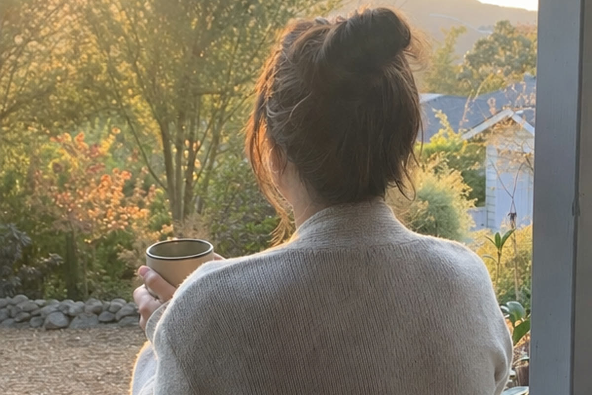 Quiet morning table with two coffee cups, a reminder to keep showing up for a grieving friend