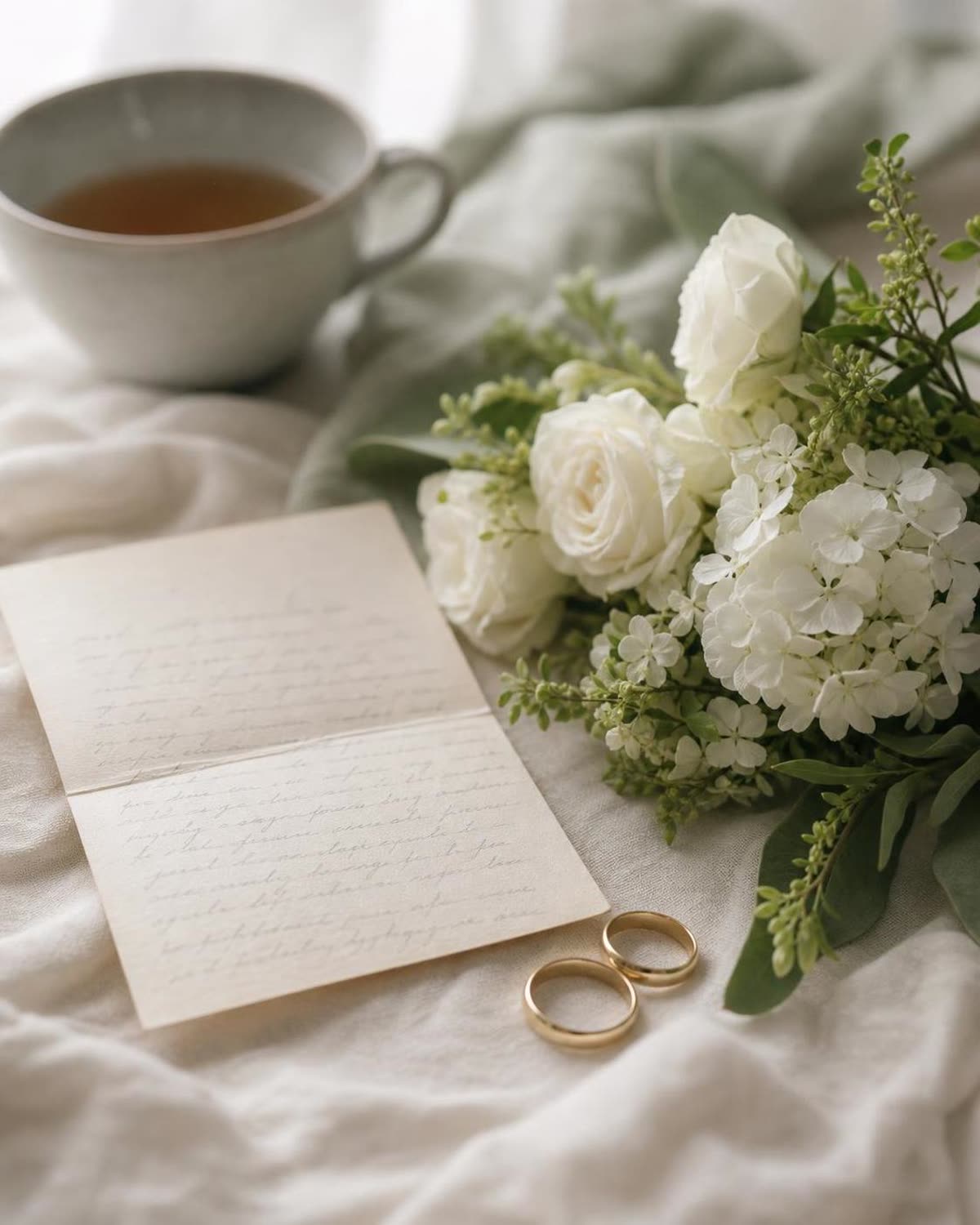 Sympathy letter beside white roses and wedding bands