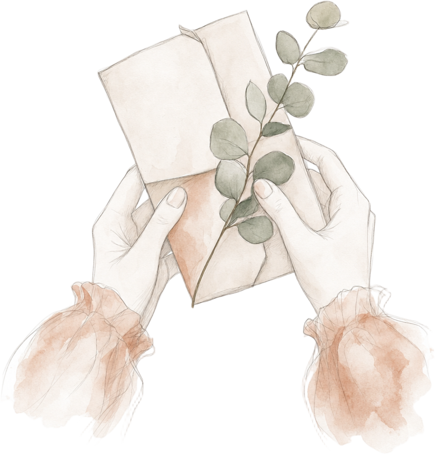 Hand-drawn sketch of two hands gently holding a folded letter with a sprig of eucalyptus
